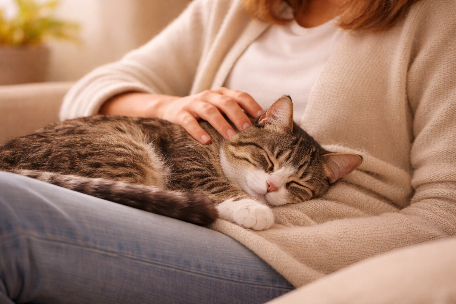 A person gently holding their cat